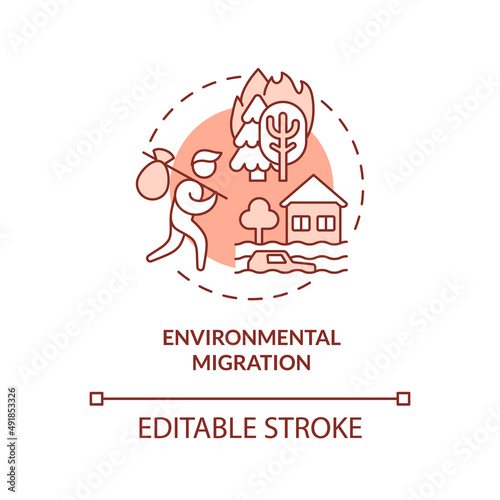 Environmental migration terracotta concept icon. Ecology problems. Relocation reason abstract idea thin line illustration. Isolated outline drawing. Editable stroke. Arial, Myriad Pro-Bold fonts used
