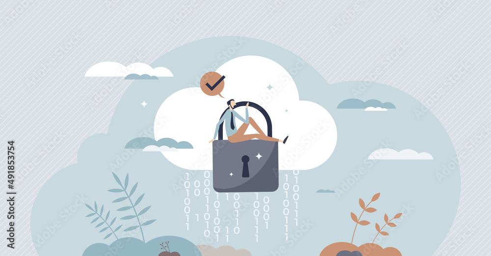Secure cloud with virtual database security protection tiny person concept. Internet privacy data and information safety management with password, encryption or safe firewall usage vector illustration