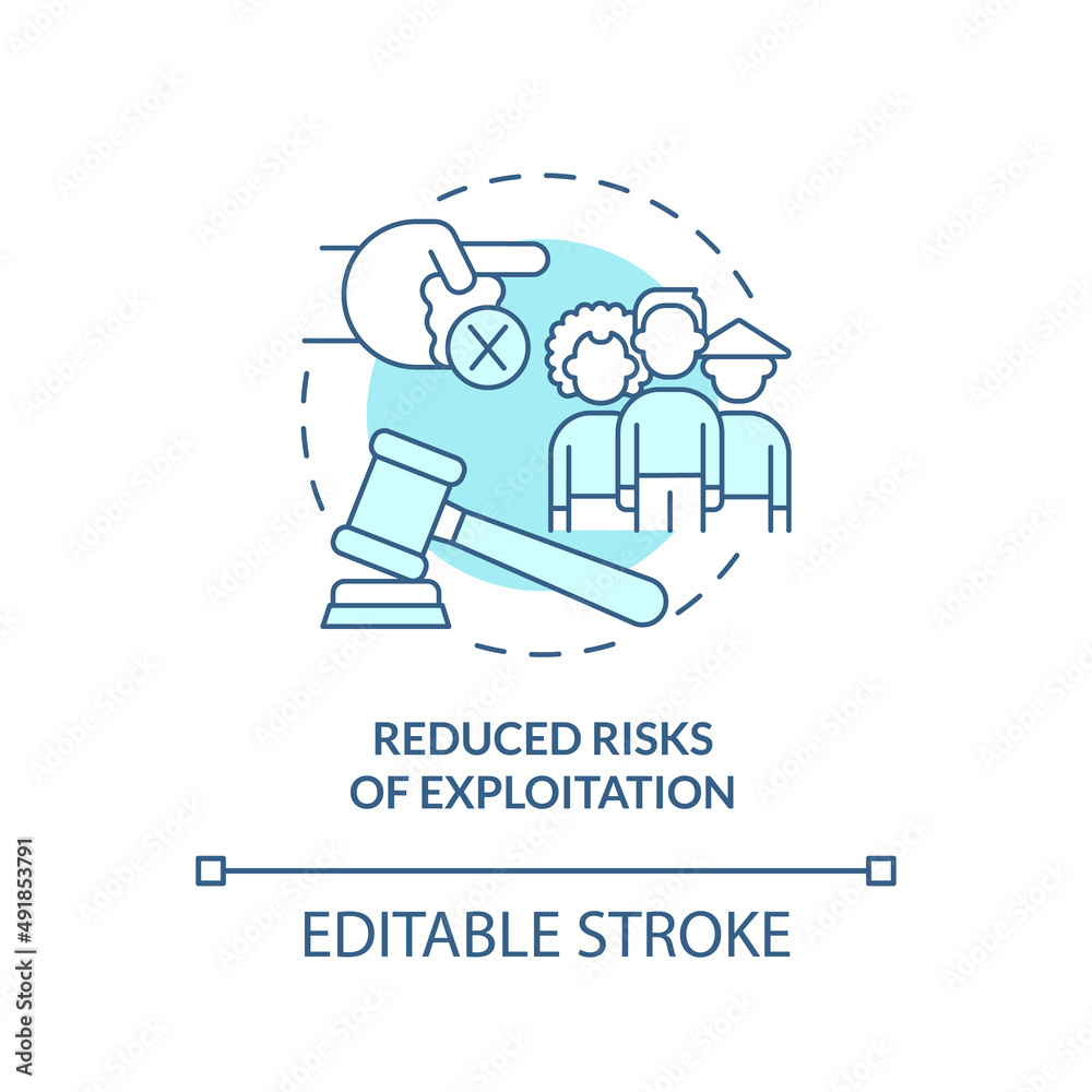 Exploitation reduced risks turquoise concept icon. Legalizing immigrants good impact abstract idea thin line illustration. Isolated outline drawing. Editable stroke. Arial, Myriad Pro-Bold fonts used