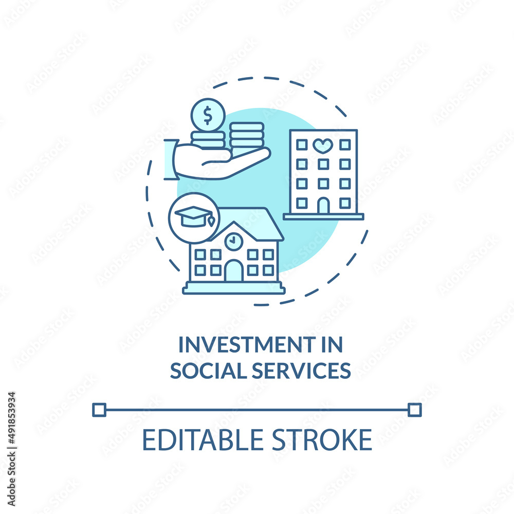 Investment in social services turquoise concept icon. Legalize unauthorized migrants abstract idea thin line illustration. Isolated outline drawing. Editable stroke. Arial, Myriad Pro-Bold fonts used