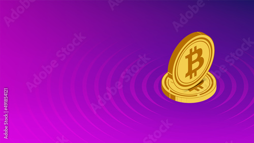 Two realistic gold bitcoin coins on colorful purple blue gradient background with beautiful circular pattern banner or cover template