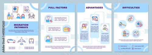 Migration abroad blue brochure template. Native country leaving. Leaflet design with linear icons. 4 vector layouts for presentation, annual reports. Arial-Black, Myriad Pro-Regular fonts used