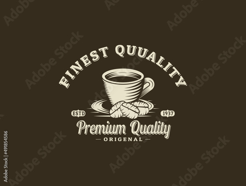 Coffee logo cup retro  vintage vector illustration on dark background.