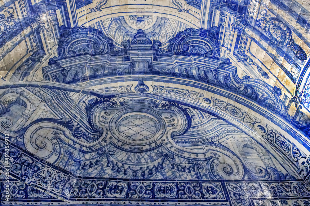 Blue tiled ceramics in Saint Philip castle Chapel, Setubal, Lisbon Coast, Portugal