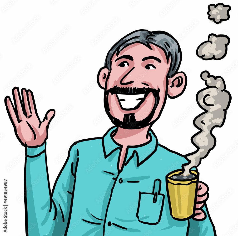 A man drinks a cup of coffee while talking.