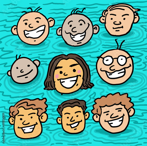Faces set cartoon on the water