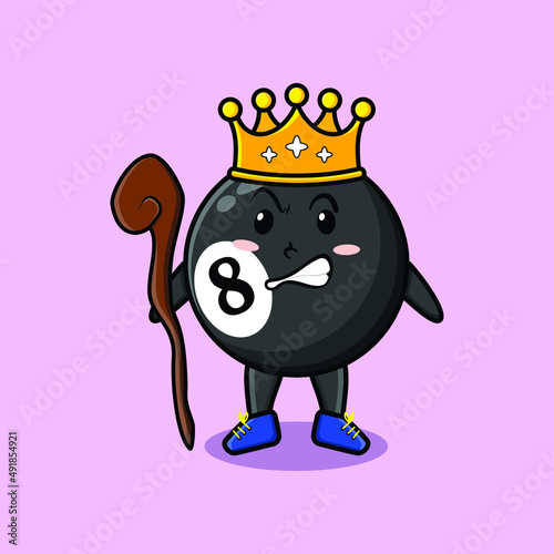 Cute cartoon billiard ball mascot as wise king with golden crown and wooden stick