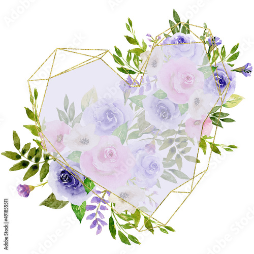 Gold Foliage Flower Frame, Roses and Gold Foliage Polygonal Heart frame, Hand Painted Watercolor Floral Geometric Border, Purple and Pink Blooming Flowers, Copy space Frame
