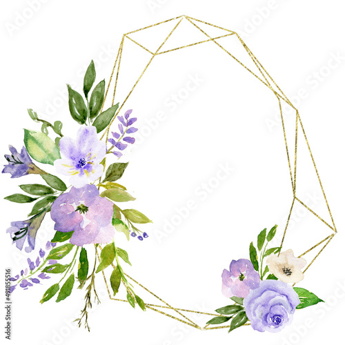 Hand Painted Watercolor Floral Geometric Border, Roses and Gold Glitter Polygonal Gemstone frame, Gold Foliage Flower Frame, Purple and Pink Blooming Flowers, Copy space Frame