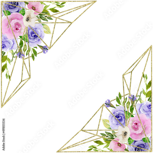Gold Foliage and Flowers Corner, Roses and Gold Foliage Polygonal Frame, Hand Painted Watercolor Floral Geometric Border, Purple and Pink Blooming Flowers, Copy space Frame