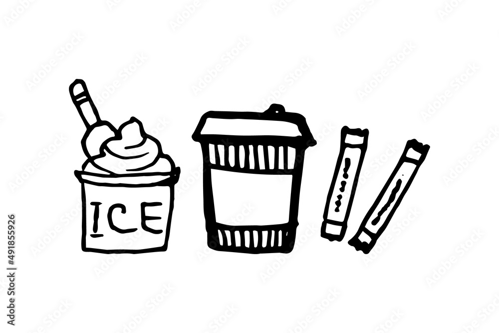 Doodle illustration of coffee, sugar and ice cream Doodle illustration of coffee, sugar and ice cream