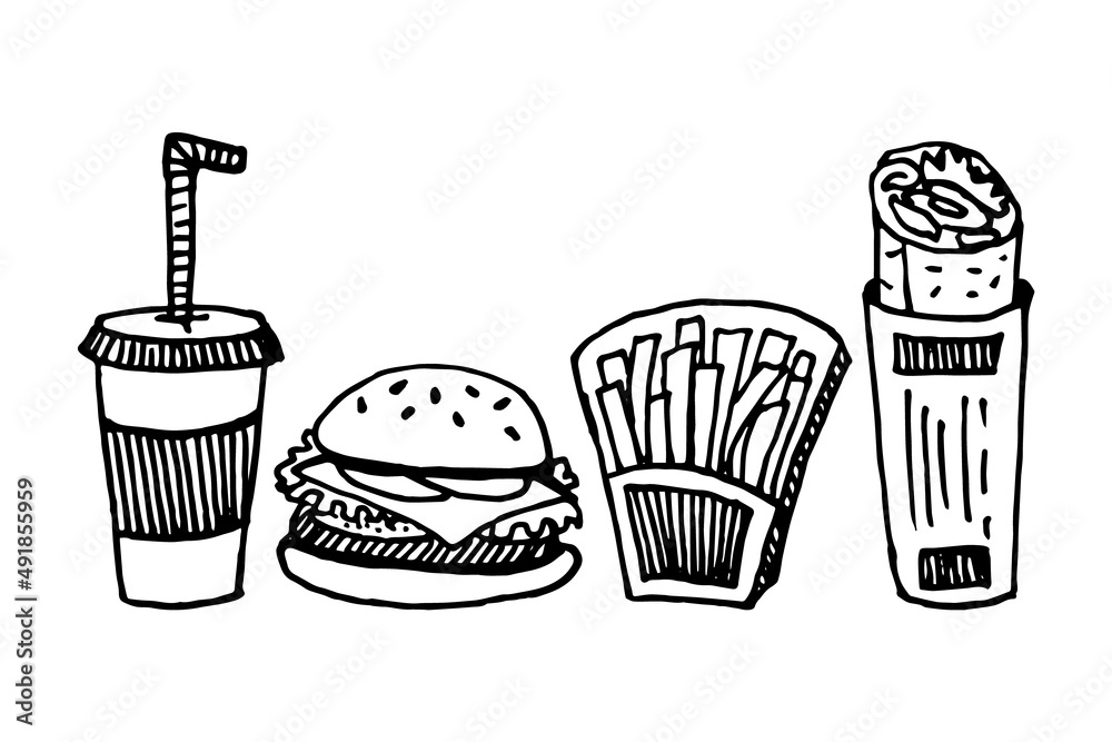 Doodle vector illustration of burger, fries, drink and burrito