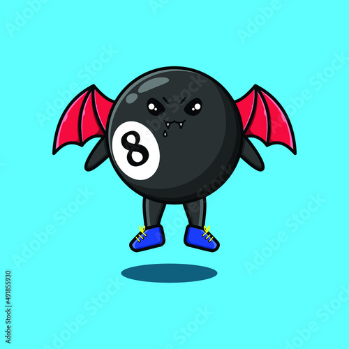 Cute mascot cartoon Billiard ball character as dracula with wings in cute modern