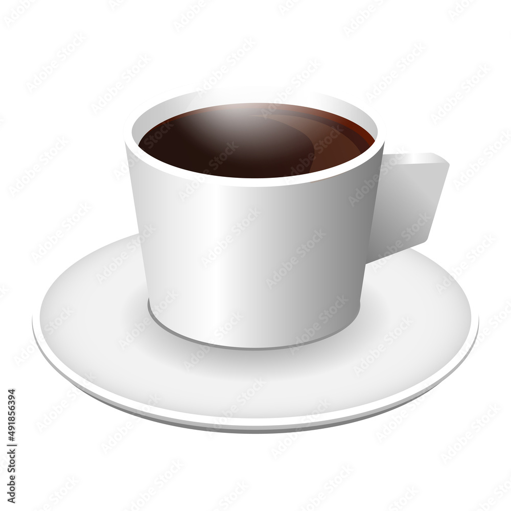 White cup of hot coffee on saucer. Vector illustration.