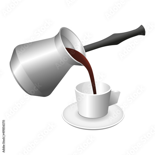 Coffee is poured from coffee turk into a white cup. Caffeine drink. Vector illustration.