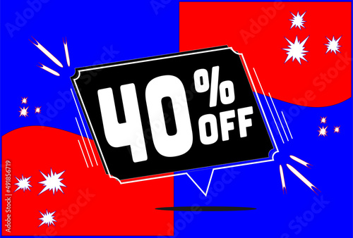 -40 percent discount. 40% discount. Up to 40%. Blue Red banner with floating balloon for promotions and offers. Up to. High Resolution photo