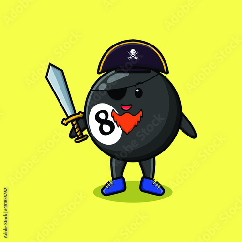 Cute cartoon mascot character billiard ball pirate with hat and holding sword in modern design