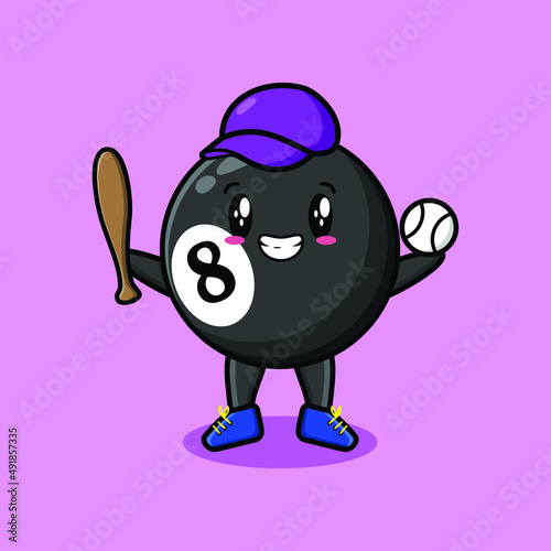 Cute cartoon billiard ball character playing baseball in modern style design 