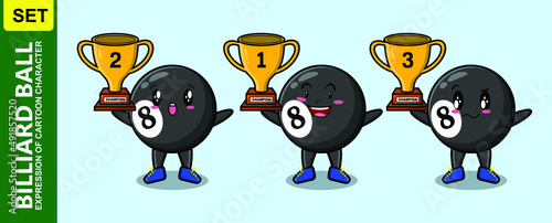 Set of cute cartoon billiard ball holding trophy with happy expression in 3d modern style design