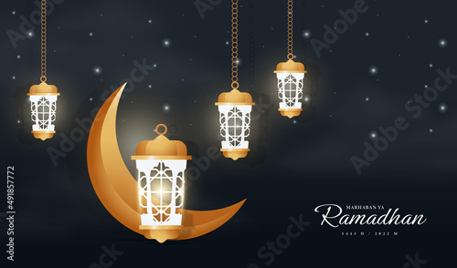 night scene ramadhan kareem black background with gold lantern and moon vector