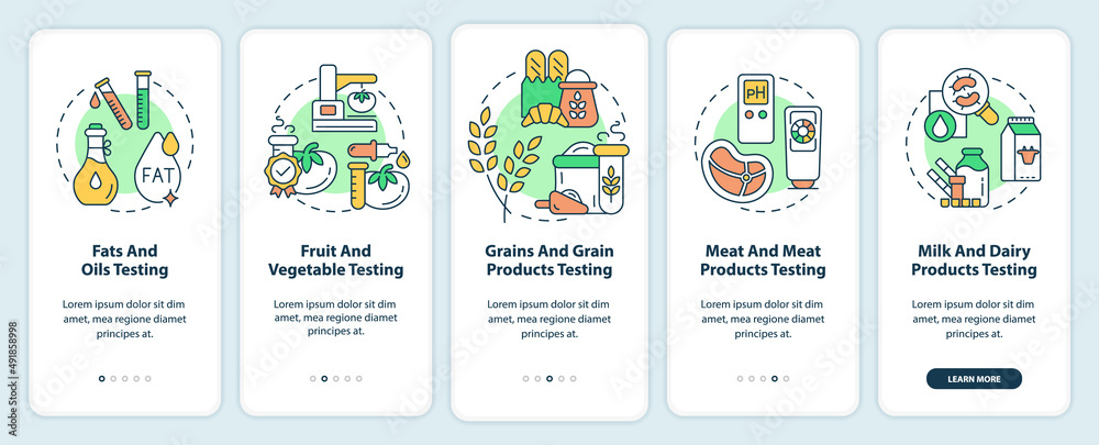 Food manufacturers onboarding mobile app screen. Grains, meat testing walkthrough 5 steps graphic instructions pages with linear concepts. UI, UX, GUI template. Myriad Pro-Bold, Regular fonts used