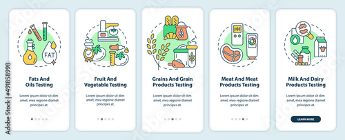 Food manufacturers onboarding mobile app screen. Grains, meat testing walkthrough 5 steps graphic instructions pages with linear concepts. UI, UX, GUI template. Myriad Pro-Bold, Regular fonts used
