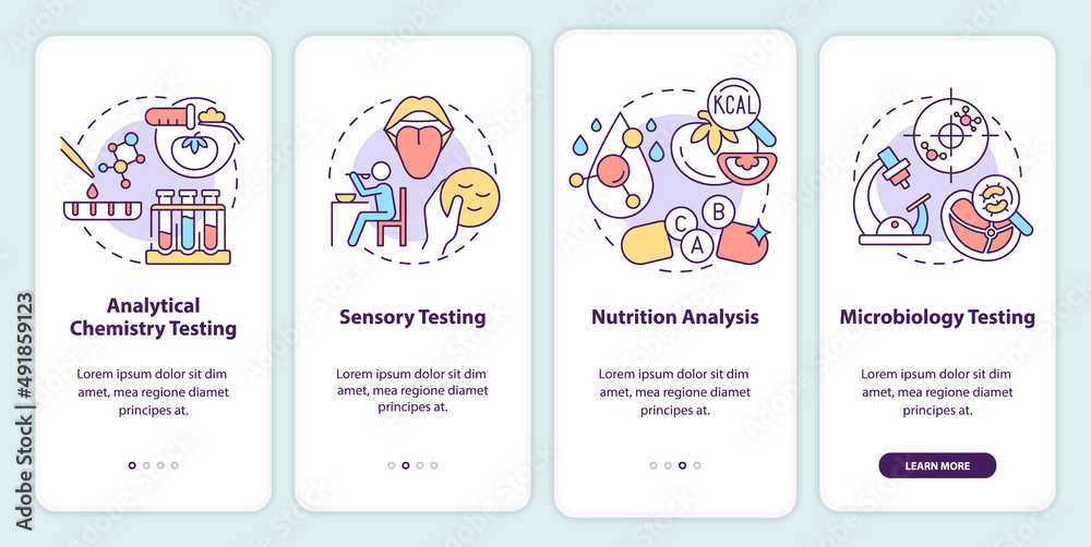 Food testing onboarding mobile app screen. Analytical chemistry testing walkthrough 4 steps graphic instructions pages with linear concepts. UI, UX, GUI template. Myriad Pro-Bold, Regular fonts used Food testing onboarding mobile app screen. Analytical chemistry testing walkthrough 4 steps graphic instructions pages with linear concepts. UI, UX, GUI template. Myriad Pro-Bold, Regular fonts used