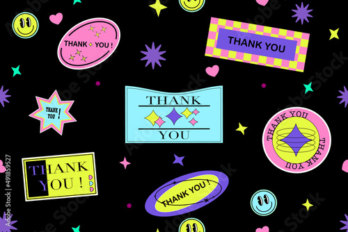 Thank You Cool trendy 
shamelessly pattern retro stickers.Thanks lettering illustration vector design. Funky, hipster retrowave stickers in geometric shapes. With Retro Stickers Vector Design. photo