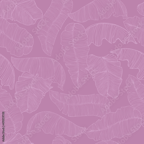 Seamless pattern of exotic, banana leaf elements in lavender color. Decorative image tropical foliage.