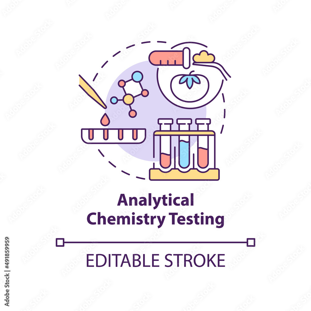 Analytical chemistry testing concept icon. Food test procedure abstract idea thin line illustration. Chemical analysis. Isolated outline drawing. Editable stroke. Arial, Myriad Pro-Bold fonts used