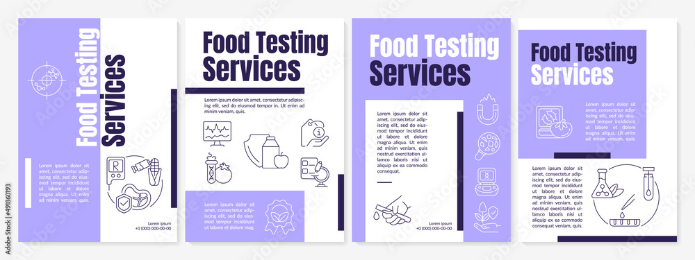 Food testing lab services purple brochure template. Laboratory analysis. Leaflet design with linear icons. 4 vector layouts for presentation, annual reports. Anton, Lato-Regular fonts used