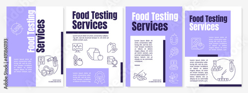 Food testing lab services purple brochure template. Laboratory analysis. Leaflet design with linear icons. 4 vector layouts for presentation, annual reports. Anton, Lato-Regular fonts used