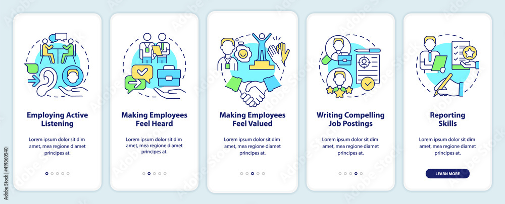 HR professional skills onboarding mobile app screen. Recruitment walkthrough 5 steps graphic instructions pages with linear concepts. UI, UX, GUI template. Myriad Pro-Bold, Regular fonts used