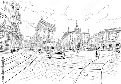 Milan. Italy. Street urban sketch. Hand drawn. Vector illustration.