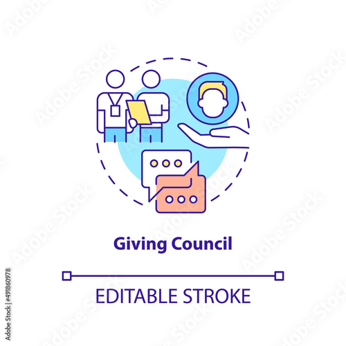 Giving council concept icon. Coach support and corporate education. HR skills abstract idea thin line illustration. Isolated outline drawing. Editable stroke. Arial, Myriad Pro-Bold fonts used