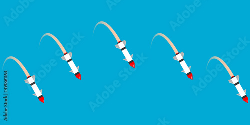 Missile rocket warhead launch frying  in war on blue background flat vector design.