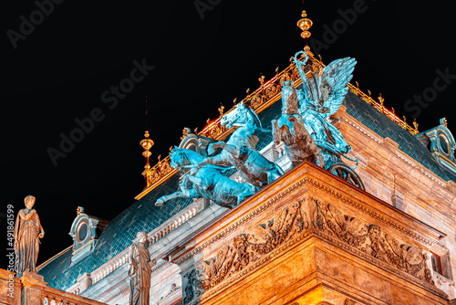 Close-up of National Theater in Prague at night. Czech Republic