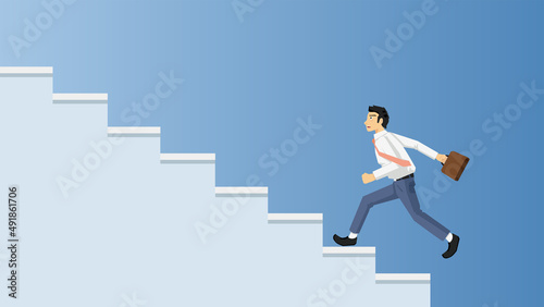 Businessman in casual suit running up stairs brown color. In the hand with brown bag. Vector illustration on soft white steps and gradual blue background.