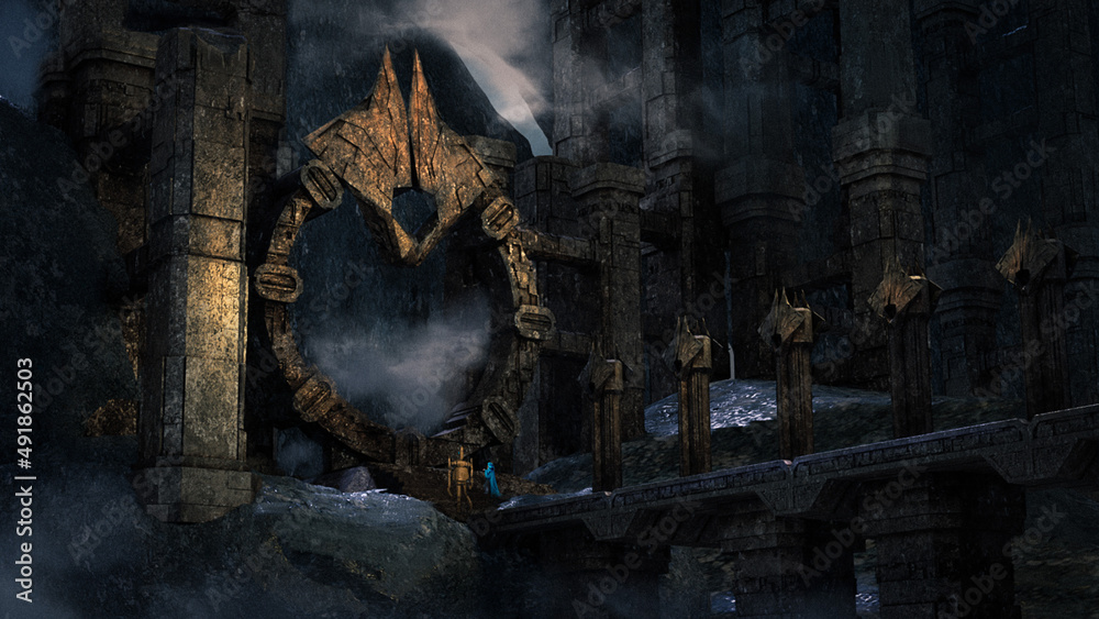 Naklejka premium Digital 3d illustration of a large mysterious gate deep underground containing dark magic - fantasy painting