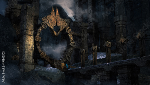 Digital 3d illustration of a large mysterious gate deep underground containing dark magic - fantasy painting