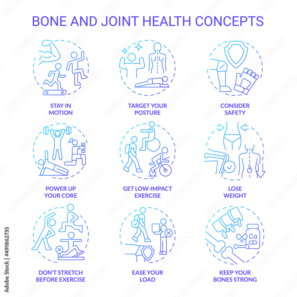 Bone and joint health blue gradient concept icons set. Healthy lifestyle choices idea thin line color illustrations. Stay in motion. Isolated symbols. Roboto-Medium, Myriad Pro-Bold fonts used