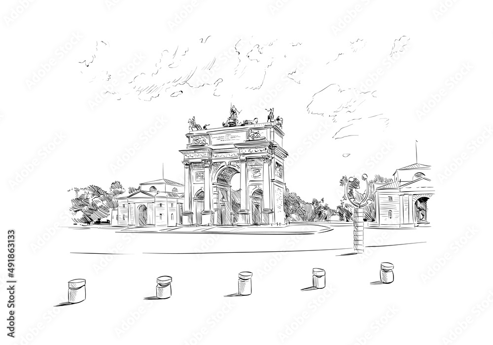 Naklejka premium Arco della Pace. Piazza Sempione, Milan. Italy. Hand drawn sketch. Vector illustration.