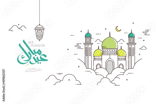 Eid mubarak greeting card in line style with mosque and the Arabic calligraphy means Happy eid and Translation from arabic: may Allah always give us goodness throughout the year and forever