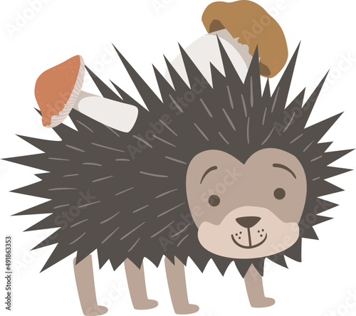 Cute Hedgehog Spiny Mammal and Forest Animal Carrying Mushroom on Prickles