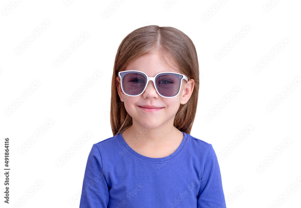 Smiling child wearing white sunglasses, isolated on white background looking at camera waist up caucasian little girl of 5 years in blue Smiling child wearing white sunglasses, isolated on white background looking at camera waist up caucasian little girl of 5 years in blue