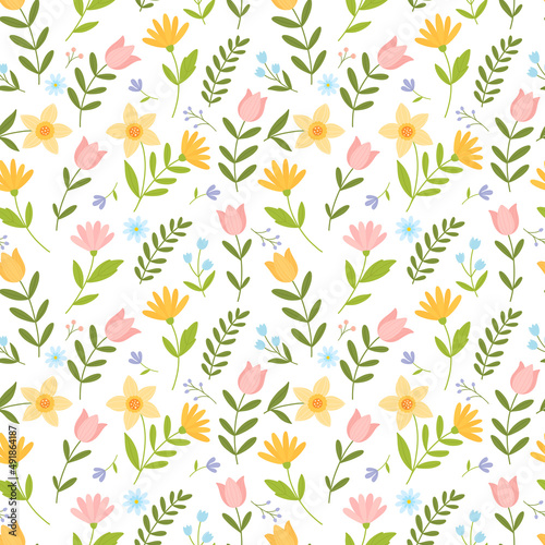 Seamless pattern with bright spring flowers in a simple cartoon style. Cute spring background for fabric, covers, wrapping paper.