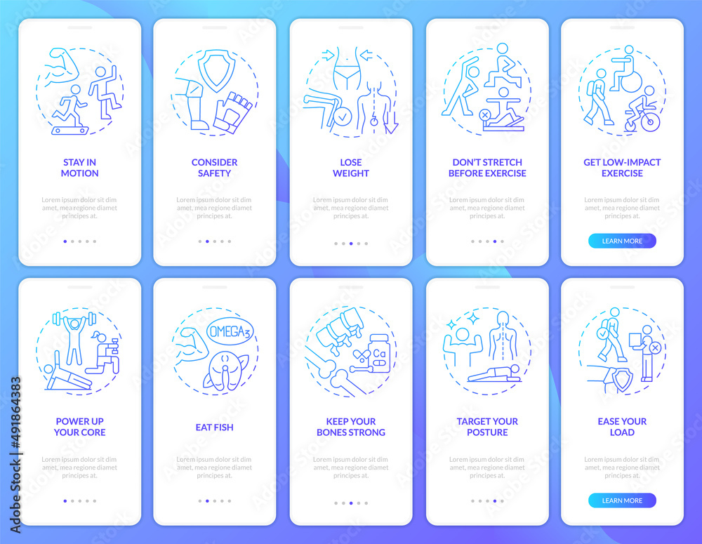 Keeping joints healthy blue gradient onboarding mobile app screen set. Walkthrough 5 steps graphic instructions pages with linear concepts. UI, UX, GUI template. Myriad Pro-Bold, Regular fonts used Keeping joints healthy blue gradient onboarding mobile app screen set. Walkthrough 5 steps graphic instructions pages with linear concepts. UI, UX, GUI template. Myriad Pro-Bold, Regular fonts used