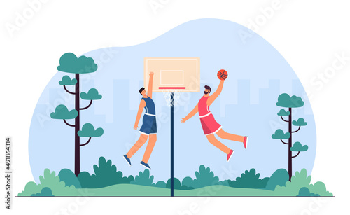 Cartoon men playing basketball in street. Urban scene with basketball players on court or stadium flat vector illustration. Sports, healthy lifestyle concept for banner, website design or landing page