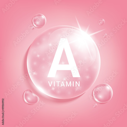 Serum collagen vitamin A, Pink drop water. Vitamin complex with Chemical formula from nature. Medical and scientific concepts. Beauty treatment nutrition skin care design. 3D Realistic Vector EPS10.