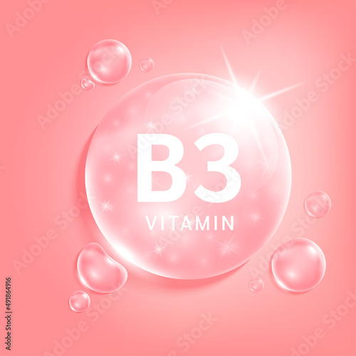 Serum collagen vitamin B3, Pink drop water. Vitamin complex with Chemical formula from nature. Medical and scientific concepts. Beauty treatment nutrition skin care design. 3D Realistic Vector EPS10.